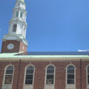 Photo of solar panels on church roof.