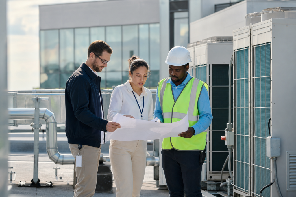 A facilities team reviews plans beside commercial building energy equipment.