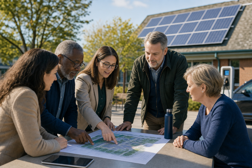 Community stakeholders review clean energy plans near a solar-equipped building.