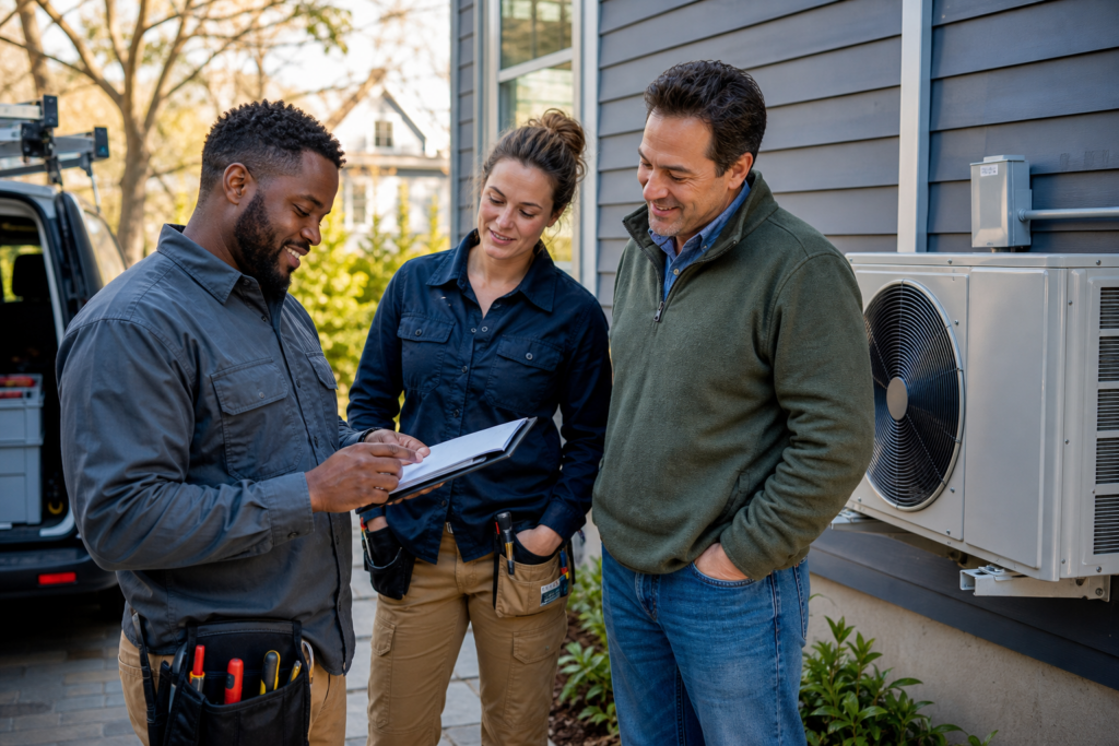 Contractors discuss a home energy upgrade with a homeowner beside efficient equipment.