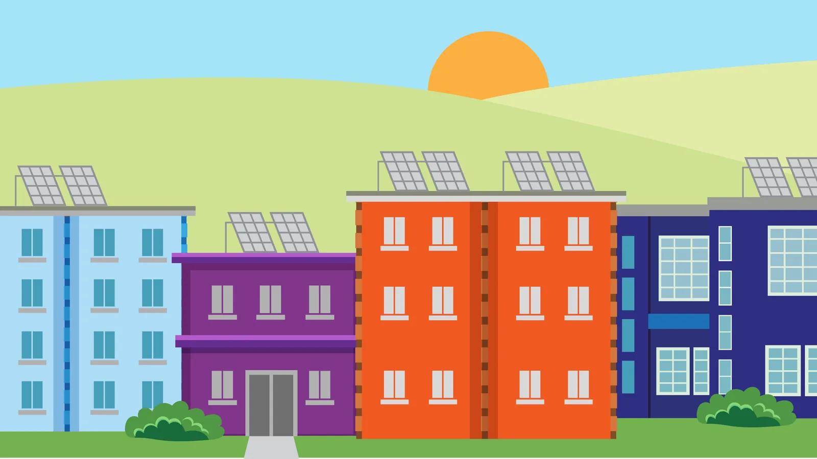 Illustration of a row of multifamily apartment buildings with rooftop solar panels at sunrise