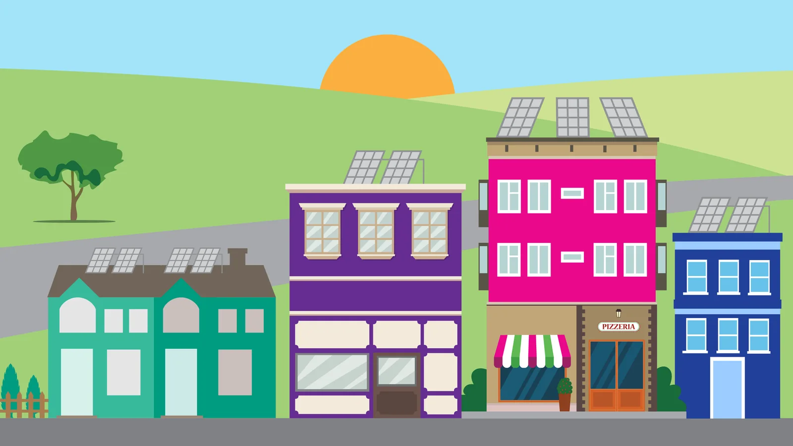 Illustration of a street of homes, shops and commercial buildings with rooftop solar panels at sunrise