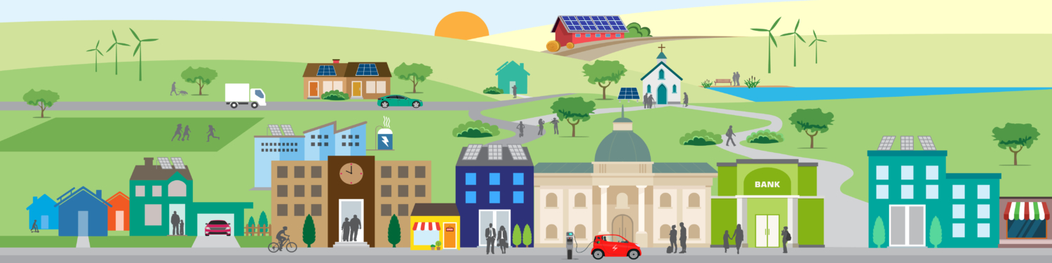 Illustration of a Connecticut community with solar panels, wind turbines, electric vehicles and energy-efficient homes and businesses